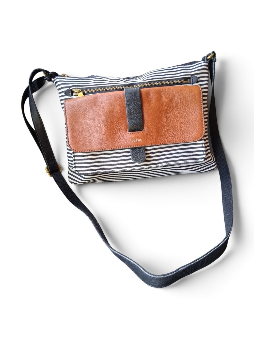 Fossil Navy and White Stripe Crossbody with Tan Leather Flap
